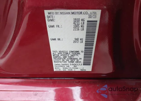 2015 Nissan Altima 2.5 Sl из США, поврежденный, VIN 1N4AL3AP0FC599522